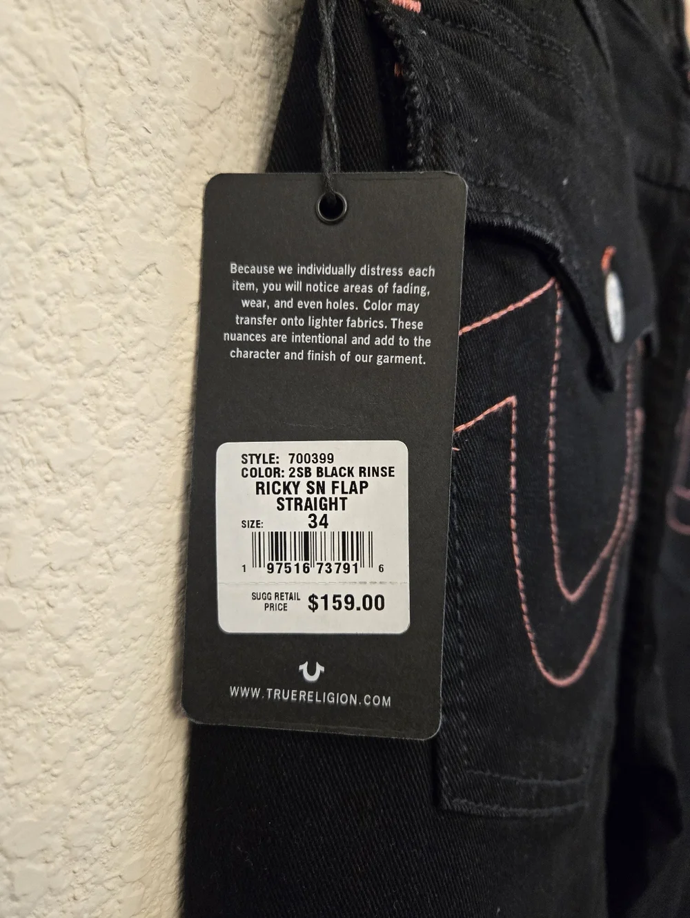 True Religion Mens Sz 34x34 Ricky Straight Relaxed Black Denim Flap Pockets